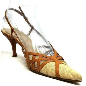 Nine West Beige Canvas/ Lt. Tan Strappy Leather Pointy Toe Slingback Shoes 6M